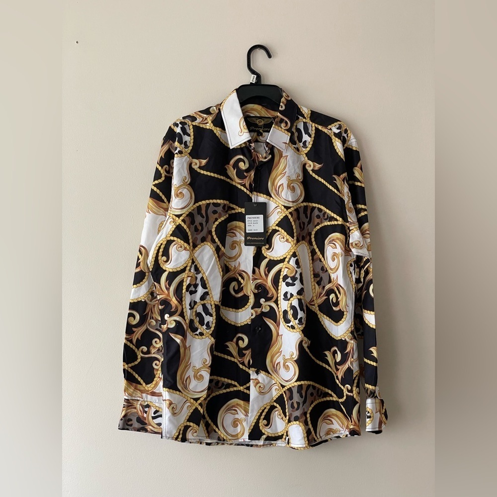 Premiere Men's  Button Front Flip Cuff Gold Leaf Dress Shirt Casino Vegas L NWT